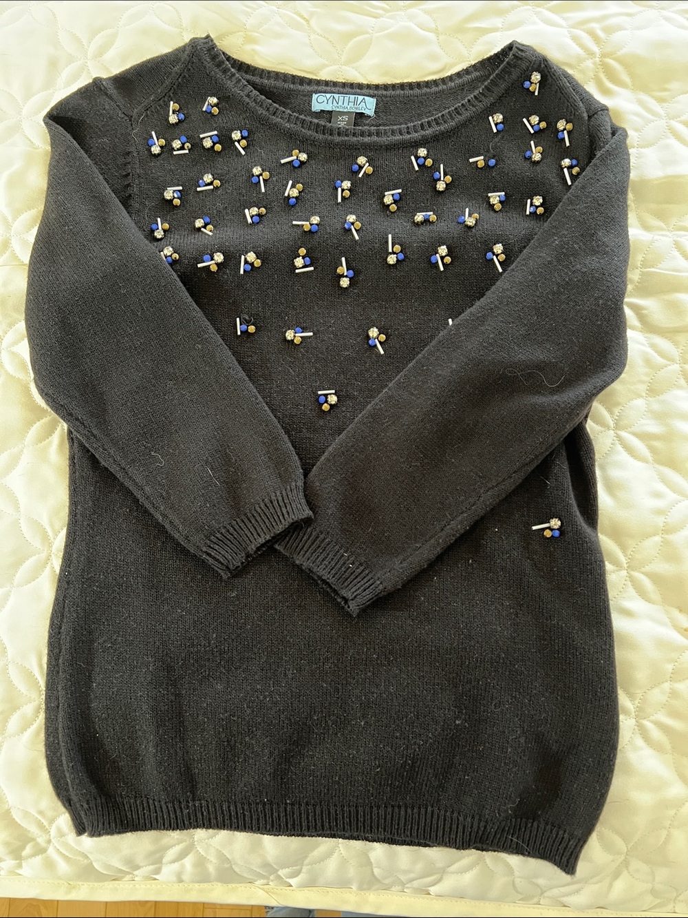 Cynthia Rowley Black Sweater with Blue, Gold, Rhinestone Beaded Embellishments